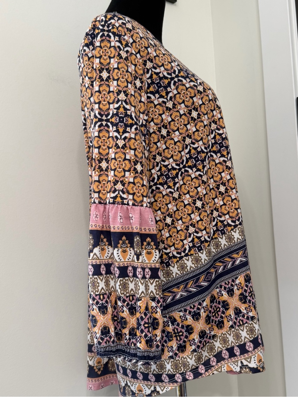 Always Fabulous Boho Tunic Top - Pink, Navy & Brown Elastic Long Sleeve Size XL - Picture 3 of 14